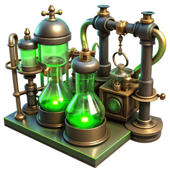 inspired artistic A steampunk laboratory filled with bubbling beakers, sparking wires, and intricate brass instruments, eerie green lighting, gothic style exclusive png