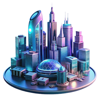 impressive remarkable A futuristic cityscape, with towering skyscrapers and flying vehicles, is reflected in the polished chrome surface of a giant robot. Neon, vibrant lighting. Cyberpunk style png