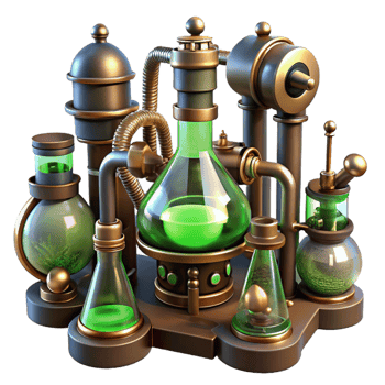exceptional urban A steampunk laboratory filled with bubbling beakers, sparking wires, and intricate brass instruments, eerie green lighting, gothic style handcrafted png