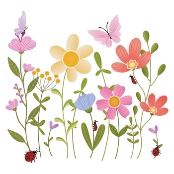 Spring flower illustration of a garden with butterflies and grass flat style illustration vector