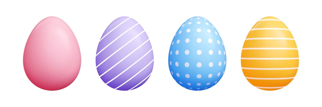 3d cartoon pastel Easter egg set - oval shapes with solid vibrant colors, polka dots, decorative striped vector