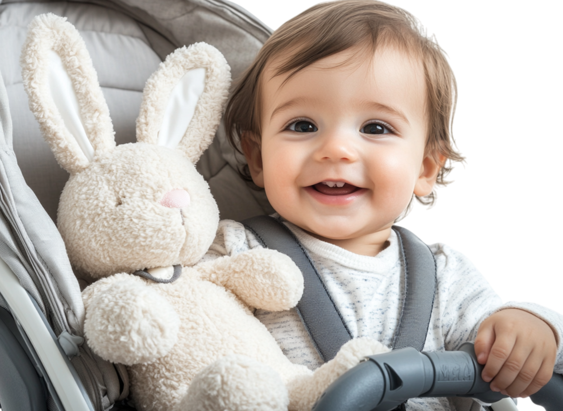 Baby in a stroller holding a stuff toy png