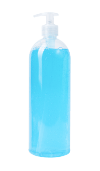 Light blue antibacterial soap dispensing from transparent plastic container, highlighting sanitary hand washing and germ prevention against pristine white surface, png