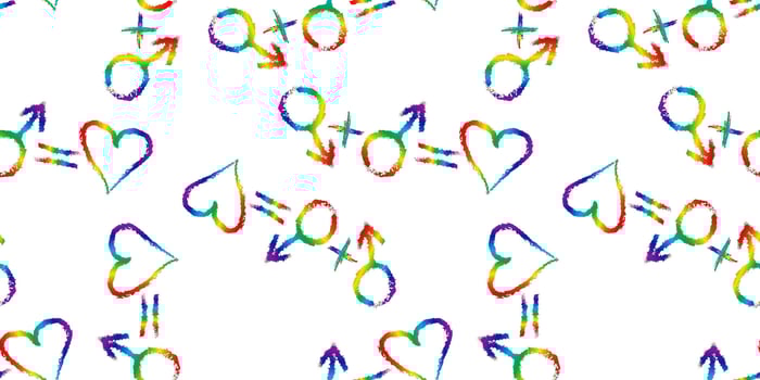 gay love formula lgbt rainbow colors pattern seamless design male symbols heart plus equal signs brush marker drawn on white background vector