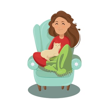 Cartoon illustration of a happy girl sitting in an armchair, cuddling a cat under a cozy blanket. Perfect for themes of comfort, hygge, and pet companionship. vector