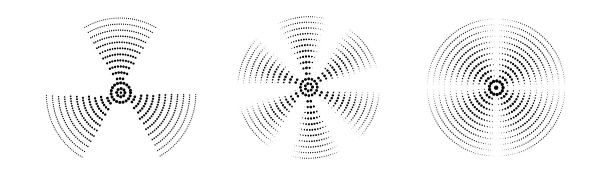 A set of black sound wave rings, of interrupted lines and dots Rings with radial lines. Target icon epicenter. Concentric vortex circles. illustration vector