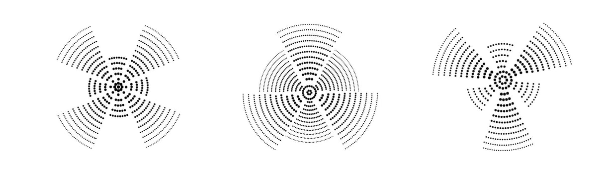 A set of black sound wave rings, of interrupted lines and dots . Rings with radial lines Target icon, epicenter. Concentric vortex circles. illustration vector