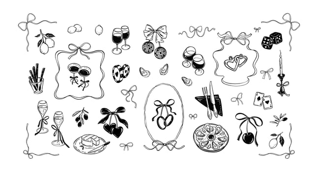 Bachelorette dinner party cute line doodle design elements set. Cherry bow ribbon, whimsical wavy frame. Hand drawn illustration in sketch girly coquette style. Wine, cocktail, champagne glasses vector