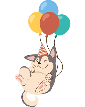 cartoon dog with party hat and balloons png