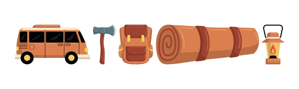 Illustration showing camping essentials like a van, axe, backpack, bedroll and lantern, perfect for illustrating outdoor adventures. vector