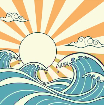 An illustration of a sun rising over the ocean vector