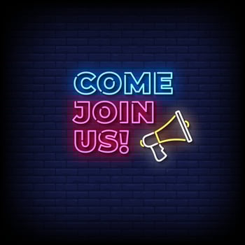 come join us neon sign with brick wall background vector