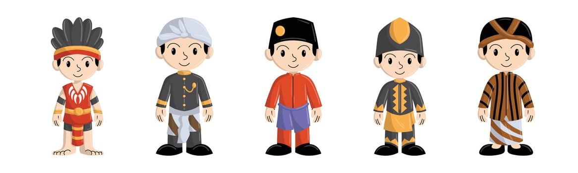 A charming collection of cartoon characters showcasing traditional Indonesian clothing from various regions, celebrating the nation's rich cultural heritage. vector
