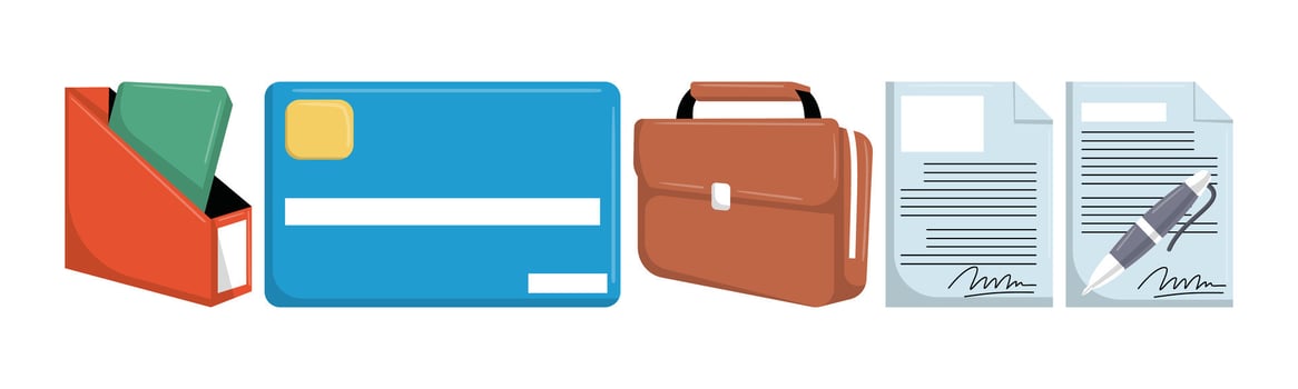 A conceptual illustration representing a business environment with a folder, credit card, briefcase, and signed documents, ideal for financial and organizational themes. vector