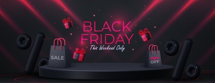 Black Friday poster or banner featuring a black gift box, shopping bag, discount balloon and product display podium. Designed as a sales banner template for social media and websites vector