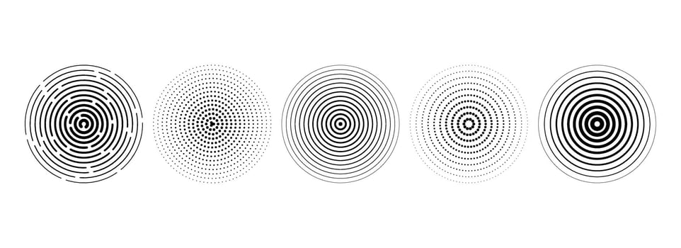 Black concentric circle set. Rippled and dashed sound wave ring collection. Epicenter, target, radar, sonar icon concept. Radial radio signal or vibration elements. Linear halftone symbol. vector