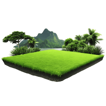 Lush Green Island Landscape with Tropical Plants and Mountains in the Background png