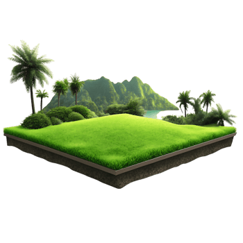 Lush Tropical Island Paradise with Green Grass Rolling Hills Palm Trees and Ocean View png