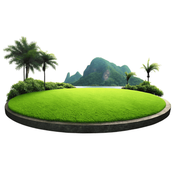 Lush Green Island Paradise with Palm Trees and Mountain View png
