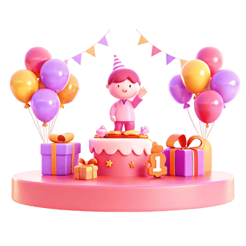 Adorable First Birthday Cake Scene with Cartoon Boy and Balloons png