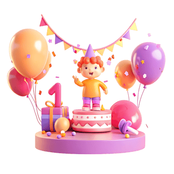 Adorable 3D Render of a Baby Boy Celebrating His First Birthday with Balloons Cake and Confetti png