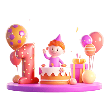 Adorable First Birthday Celebration with Cartoon Boy Cake Balloons and Gift png