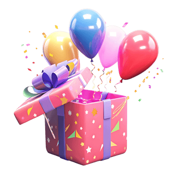 Pink Gift Box Surprise with Colorful Balloons and Confetti Celebration png