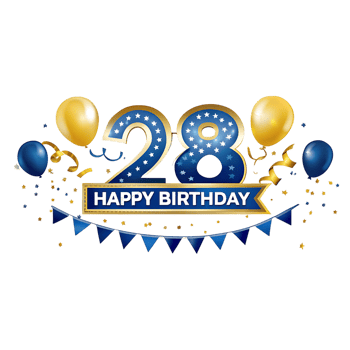 Happy 28th Birthday Celebration with Gold and Blue Balloons Stars and Confetti png