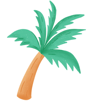 Cute Cartoon Palm Tree Illustration with Green Leaves and Curved Trunk png