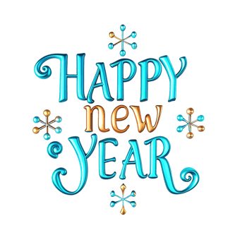 Happy New Year Elegant 3D Text Design with Gold and Blue Stylized Snowflakes png