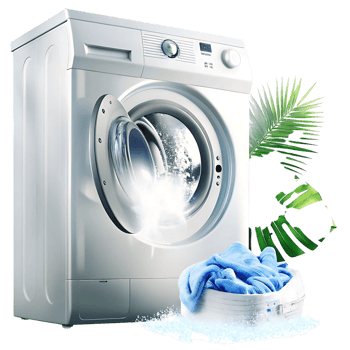 Modern White Washing Machine with Clean Blue Towels and Tropical Leaves png