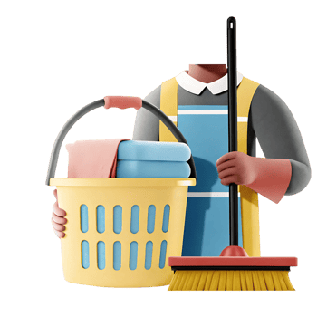 3D Render of a Cleaning Person Holding a Basket of Laundry and a Mop png