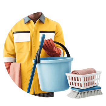 Person in Yellow Cleaning Uniform Holding a Mop and Bucket with Cleaning Supplies png
