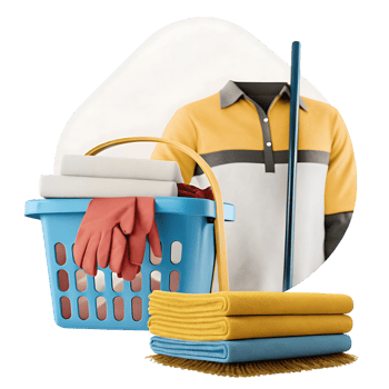 Cleaning Supplies and Laundry in a Colorful Scene with a Janitor Uniform png