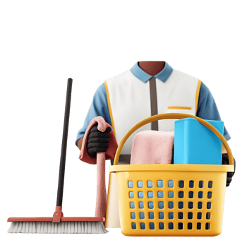 Cleaning service worker with supplies in a yellow basket and a broom png