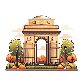Majestic India Gate Triumphal Archway in Autumnal Park Setting with Lush Greenery and Streetlights png