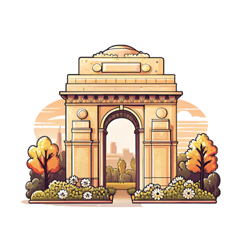 Majestic India Gate Triumphal Archway at Sunset with Lush Greenery and City Skyline View png