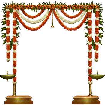 Beautiful Indian Wedding Floral Entrance Archway with Marigold and Jasmine Garlands and Brass Lamps png