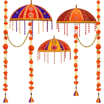 Vibrant Indian Wedding Decor with Ornate Umbrellas and Floral Garlands png