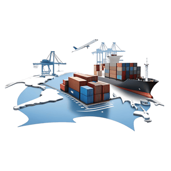 Global Transportation and Logistics Network Showing Cargo Ship Container Freight Airplane and Port Cranes png