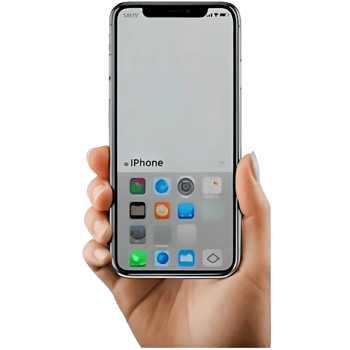 A hand holding a new iPhone with a bright blank screen showing the home screen with various app icons png