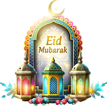 Elegant Eid Mubarak Celebration with Ornate Lanterns and Archway png