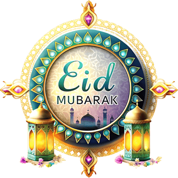 Elegant Eid Mubarak Greeting with Ornate Frame Lanterns and Mosque png
