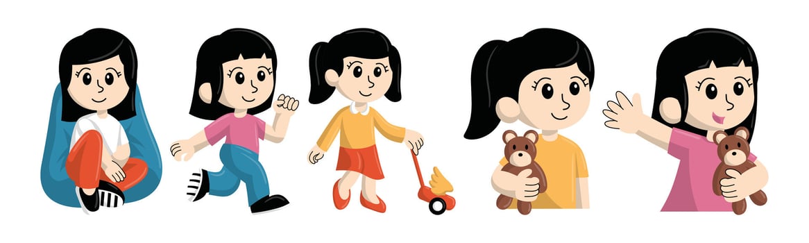 Illustration of an animated girl in different poses, displaying everyday childhood activities with cheerful and playful elements. vector
