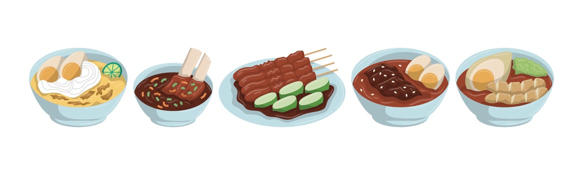 A collection of illustrations showcasing various Indonesian dishes served in bowls and plates, highlighting the country's rich culinary heritage. vector