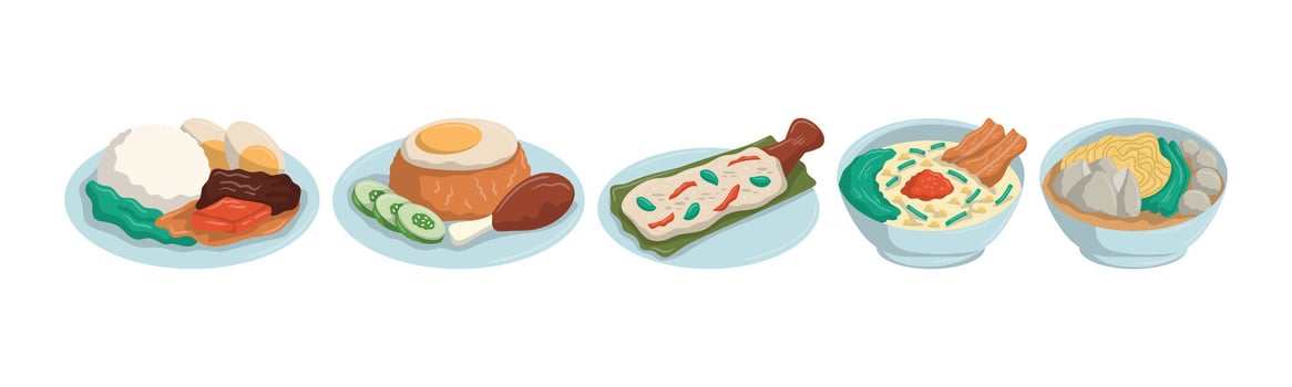 A collection of five Indonesian food illustrations. Various well-known dishes are showcased, perfect for culinary design, cultural projects and restaurant decoration. vector