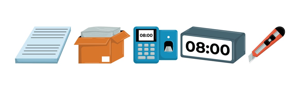 An illustration that features office essentials. The items depicted include a paper stack, a cardboard box, attendance reader, an electronic watch and a cutter. vector