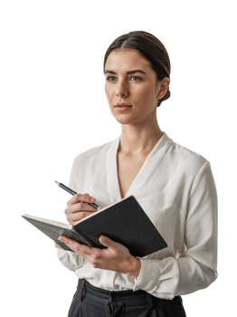 businesswoman in a crisp white blouse and tailored dark grey pants, holding a sleek black notebook and silver pen png