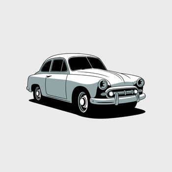 A Vintage Styled Light Gray Sedan with Distinctive Headlights and Chrome Accents, Casting a Subtle Shadow vector