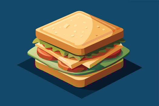 Isometric sandwich with lettuce, tomato and cheese on a wooden board vector